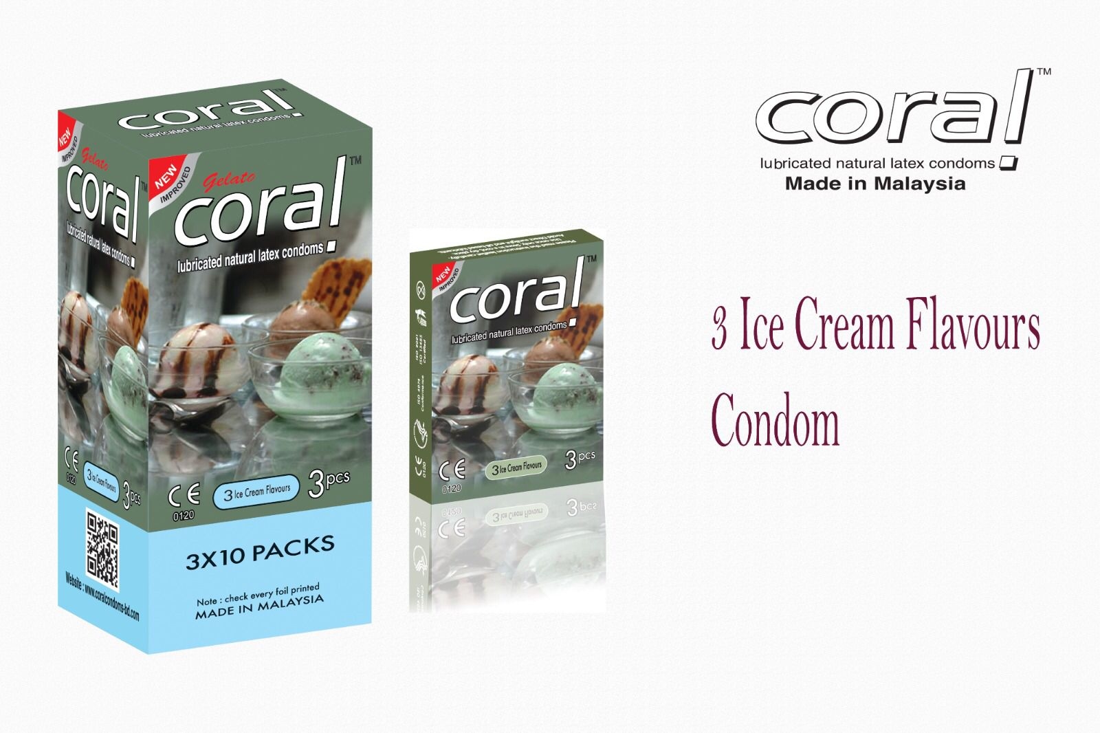 Coral 3 Ice Cream Flavours Condoms