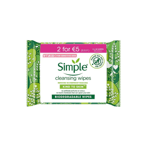 Simple Biodegradable Cleansing Wipes Twin Pack 20 Wipes